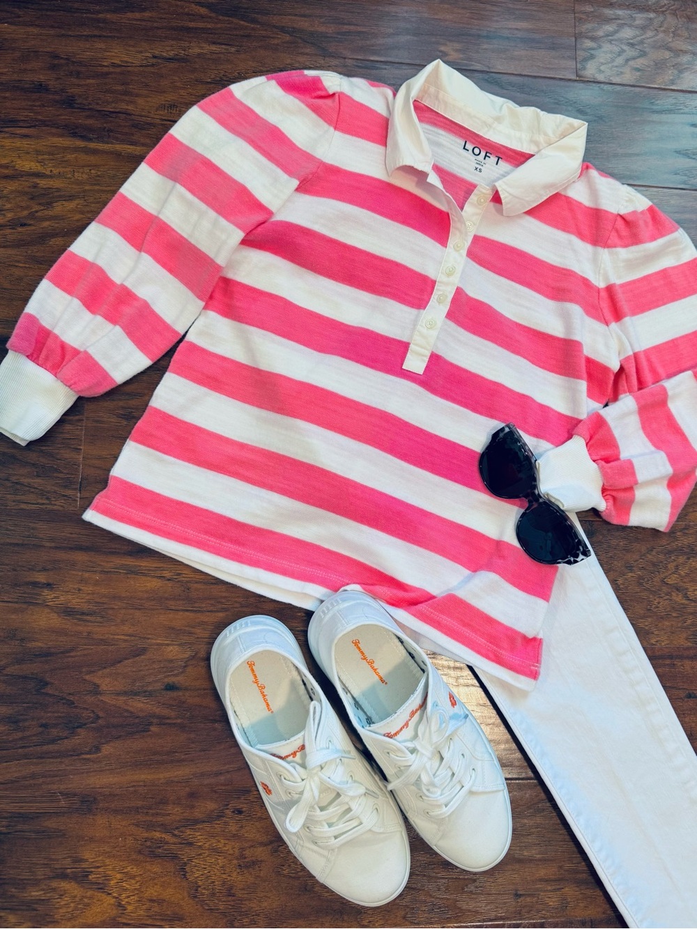 LOFT Bubble Gum Pink and White Stripped Rugby Shirt Size XS
